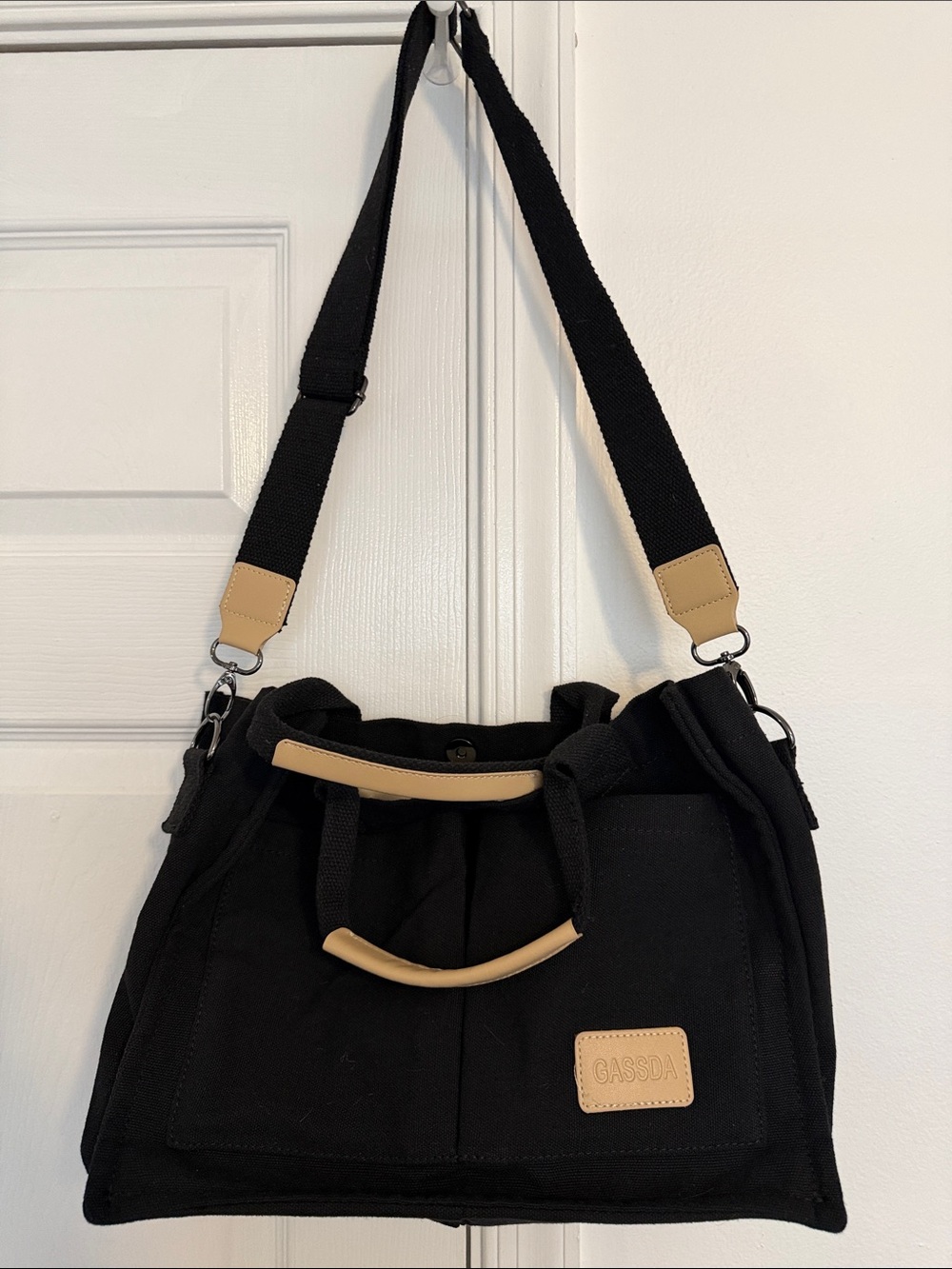 Black Canvas Crossbody Bag with Tan Accents